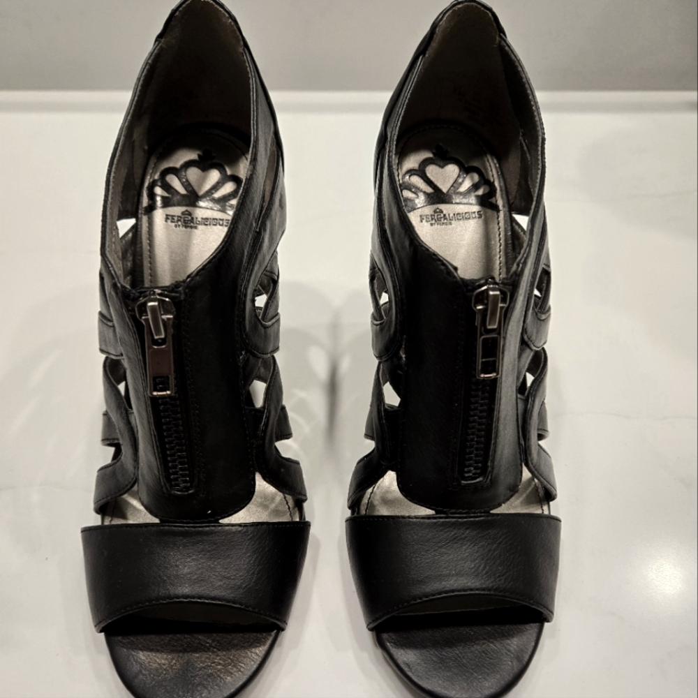 Fergalicious strappy black heels size 8.5